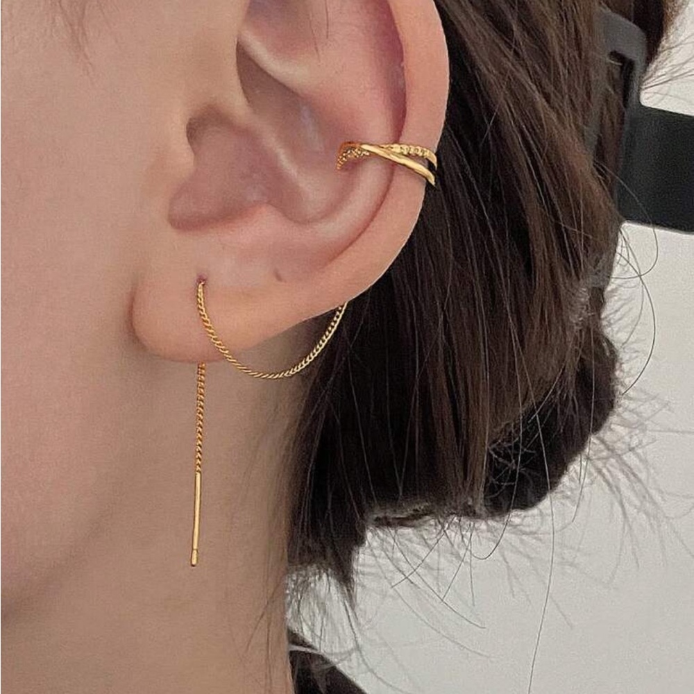 Minimalist Dainty Gold Plated Earrings Threaded Long Box Chain Ear Cuff